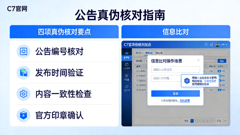 C7官网公告核对页面展示四项真伪核对要点与信息比对的操作场景